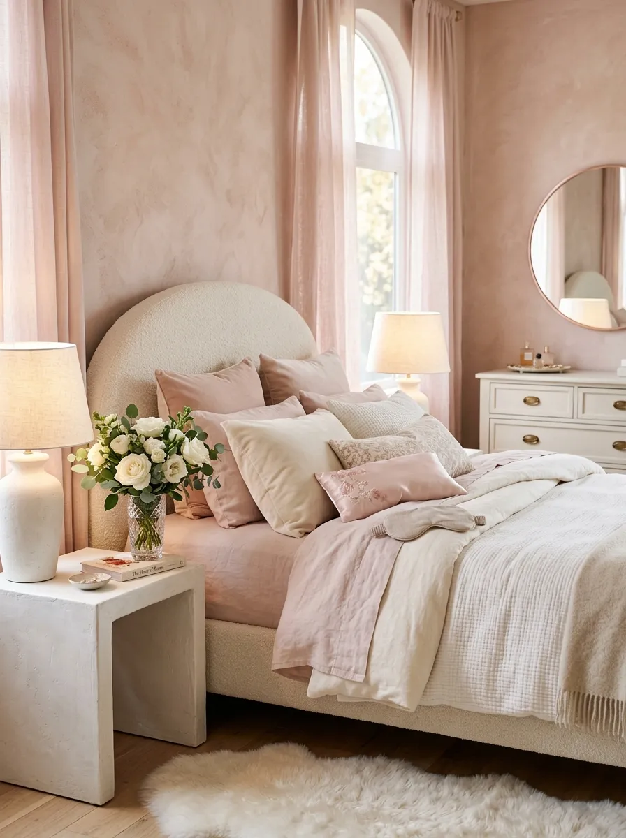 Soft feminine romantic boutique bedroom with blush walls, curved boucle headboard, white roses, and sheer curtains for a dreamy delicate look