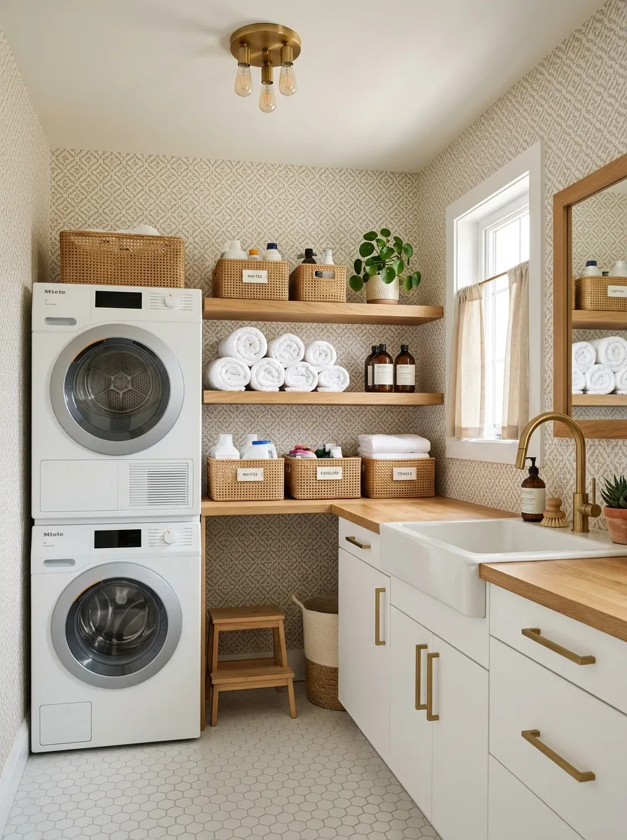 Compact laundry room with soft taupe geometric wallpaper for laundry rooms, oak shelves, woven baskets, and warm brass bar handles