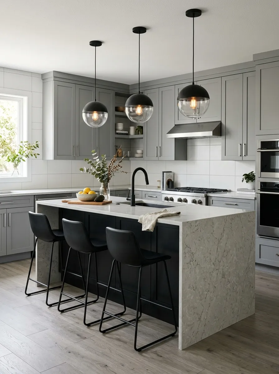 Soft gray perimeter cabinets with a bold matte black island in a sophisticated two tone kitchen cabinet design with waterfall quartz countertop