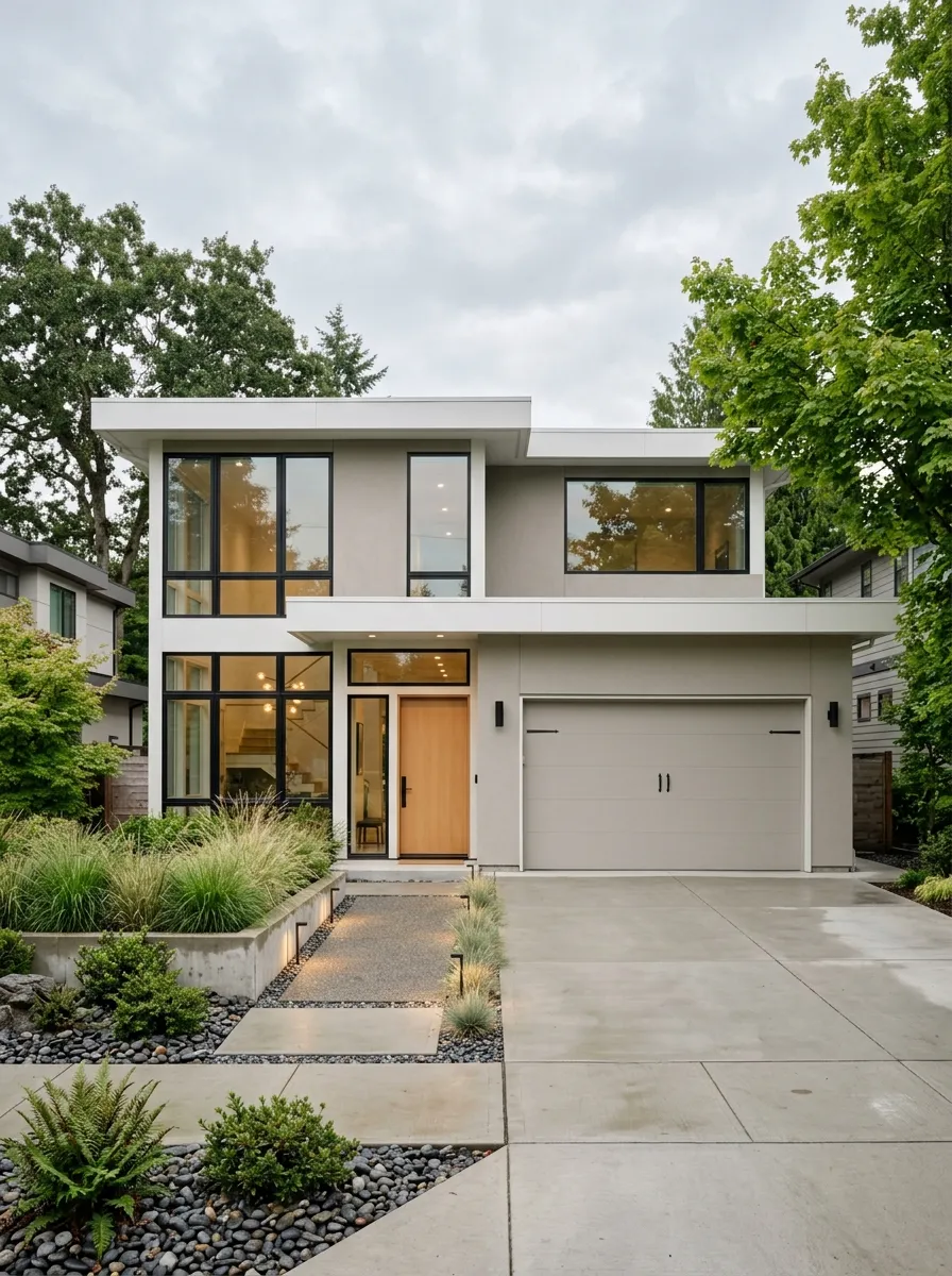 Soft greige modern home exterior with matte black window frames, one of the most elegant best exterior paint colors for 2026
