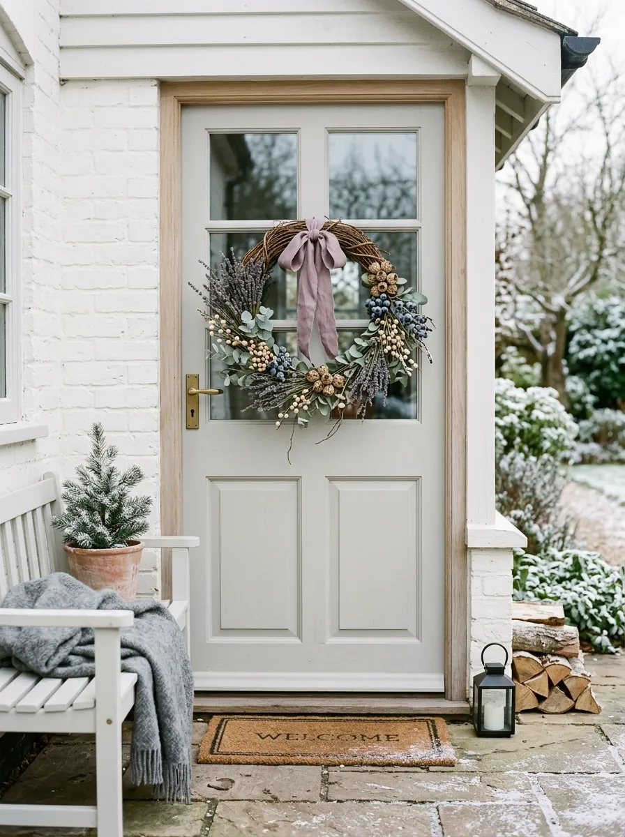 21 Christmas Wreath Ideas That Make Your Front Door the Most Beautiful on the Street 19 A calming lavender and sage Christmas wreath with dried lavender and mauve ribbon on a pale gray front door
