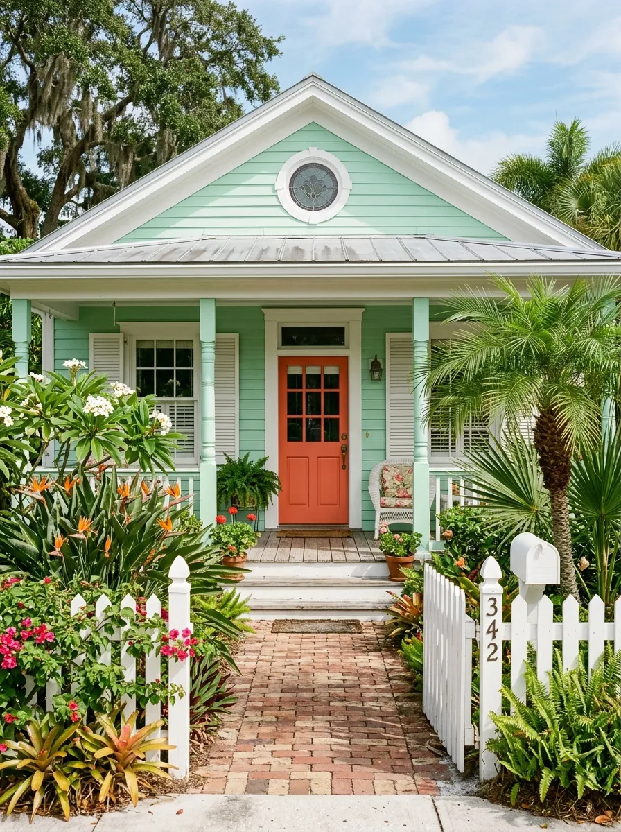 Vintage mint green bungalow exterior with coral door and tropical landscaping, a joyful choice in house exterior color ideas for 2026