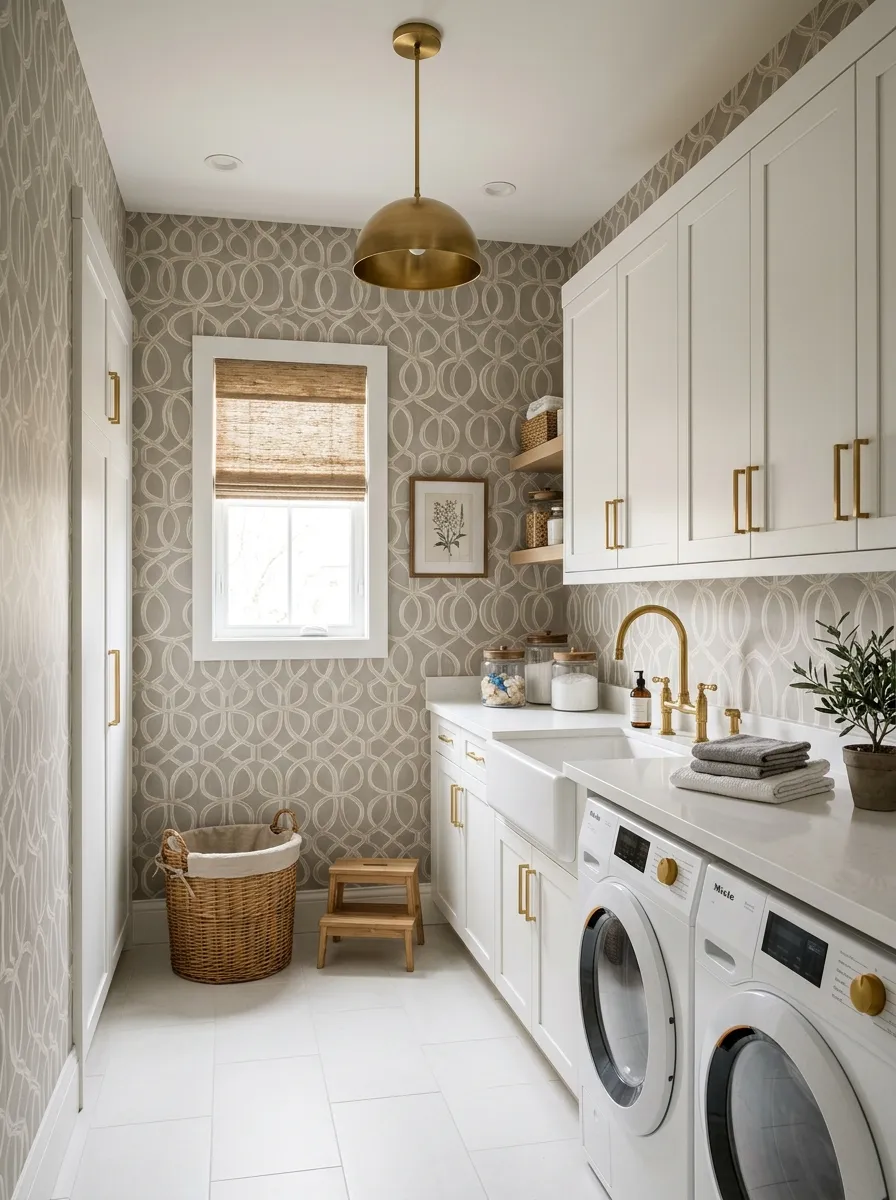 Refined laundry room with warm gray interlocking circle geometric wallpaper for laundry rooms, white flat panel cabinetry, and polished brass hardware