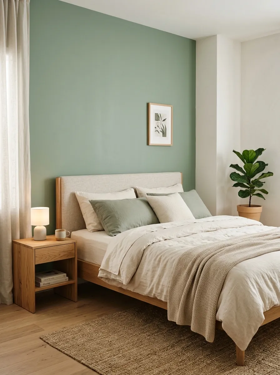 Sage green accent wall with linen bed and oak furniture in a serene modern minimalist bedroom