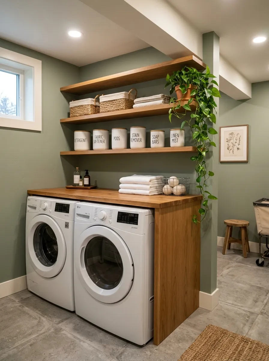 16 Basement Laundry Room Ideas That Use Smart Design Principles to Make Every Inch Work Better 5 Bright basement laundry room in soft sage green with warm white trim, wood shelves, and natural linen baskets under warm lighting