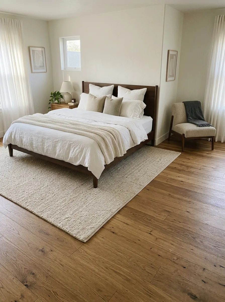 Large wool area rug in warm ivory tones under a bed in a cozy elegant bedroom design