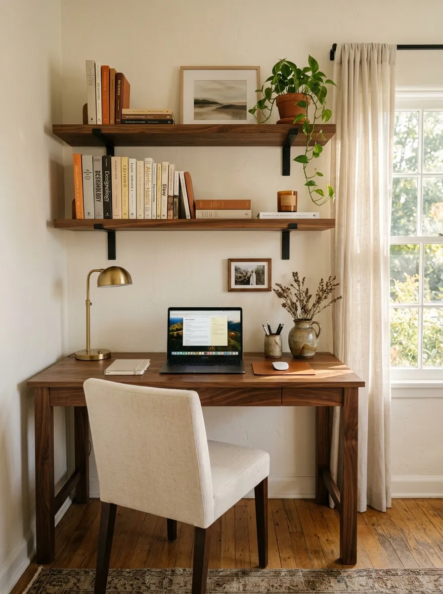 Home office design with rich solid walnut desk, matching floating walnut shelves, ceramic vessel, small plant, cream linen chair, and warm afternoon natural light