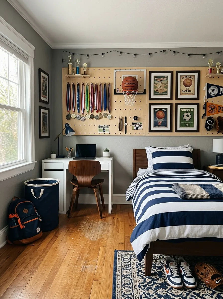 Stylish kids bedroom decor with a navy sports theme, pegboard display wall, and vintage sports prints in warm natural light