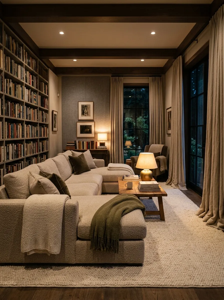 25 Luxury Living Room Ideas That Reveal the Design Details Most People Completely Overlook 24 Thick wool rug, heavy linen curtains, and upholstered sectional sofa creating acoustic comfort in a luxury living room