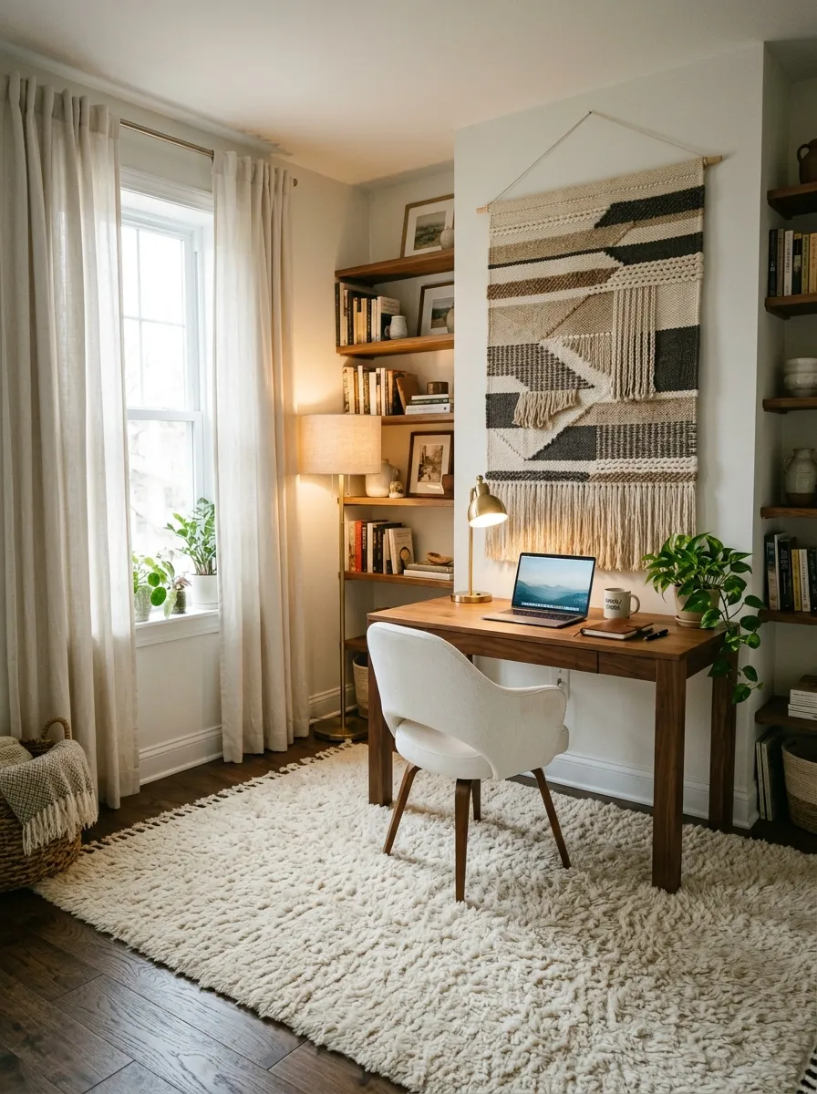 Home office design with thick cream rug, heavy curtains, large woven wall tapestry, warm wood desk, and floor lamp for sound absorption and warmth