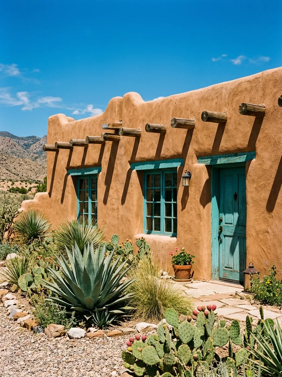 Southwest adobe home in warm clay with turquoise trim details and desert landscaping, a richly authentic curb appeal color scheme