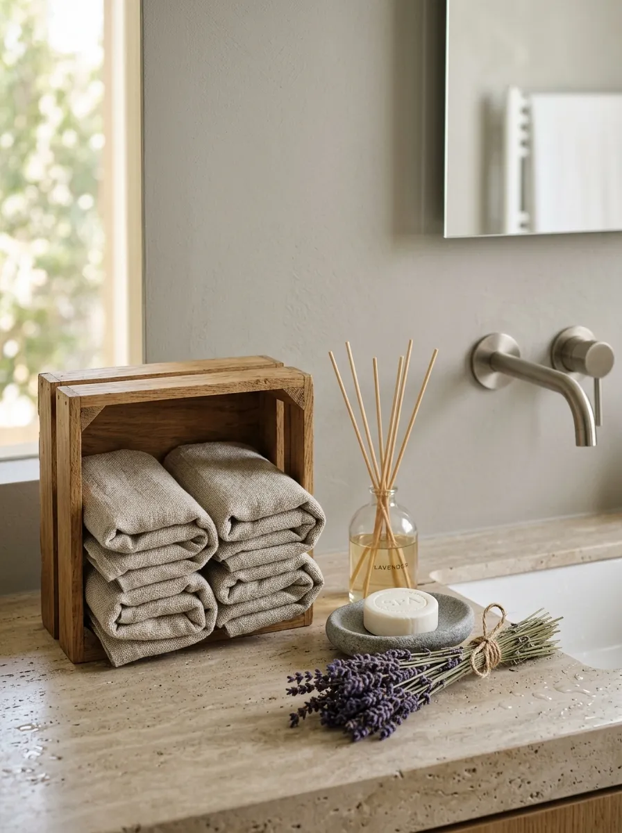 17 Bathroom Counter Styling Ideas for an Instant Aesthetic Glow Up That Looks Expensive 13 Counter styling ideas for a spa bathroom with folded linen towels in wooden crate, reed diffuser, and stone soap dish