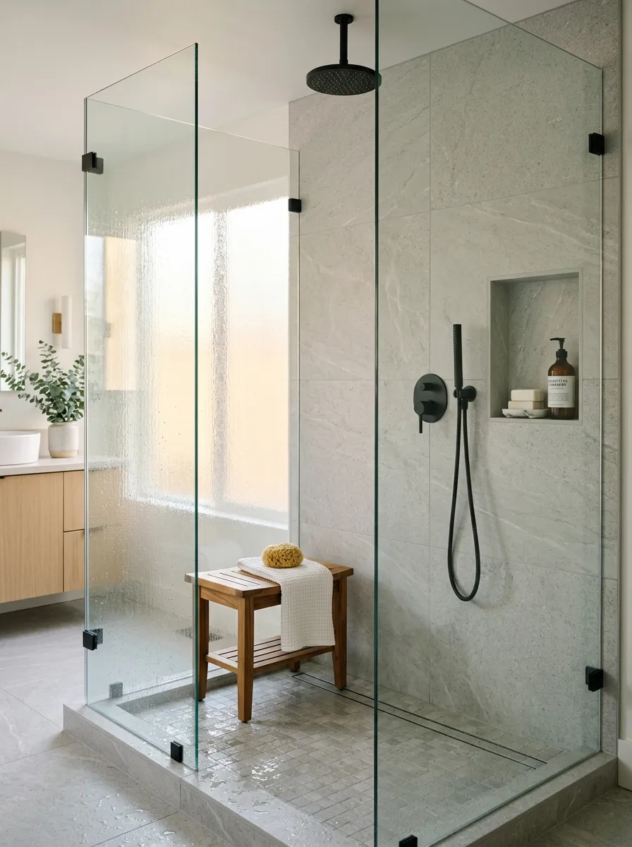 Frameless glass shower with stone tiles, teak bench, and matte black rainfall head in a spa styled guest bathroom