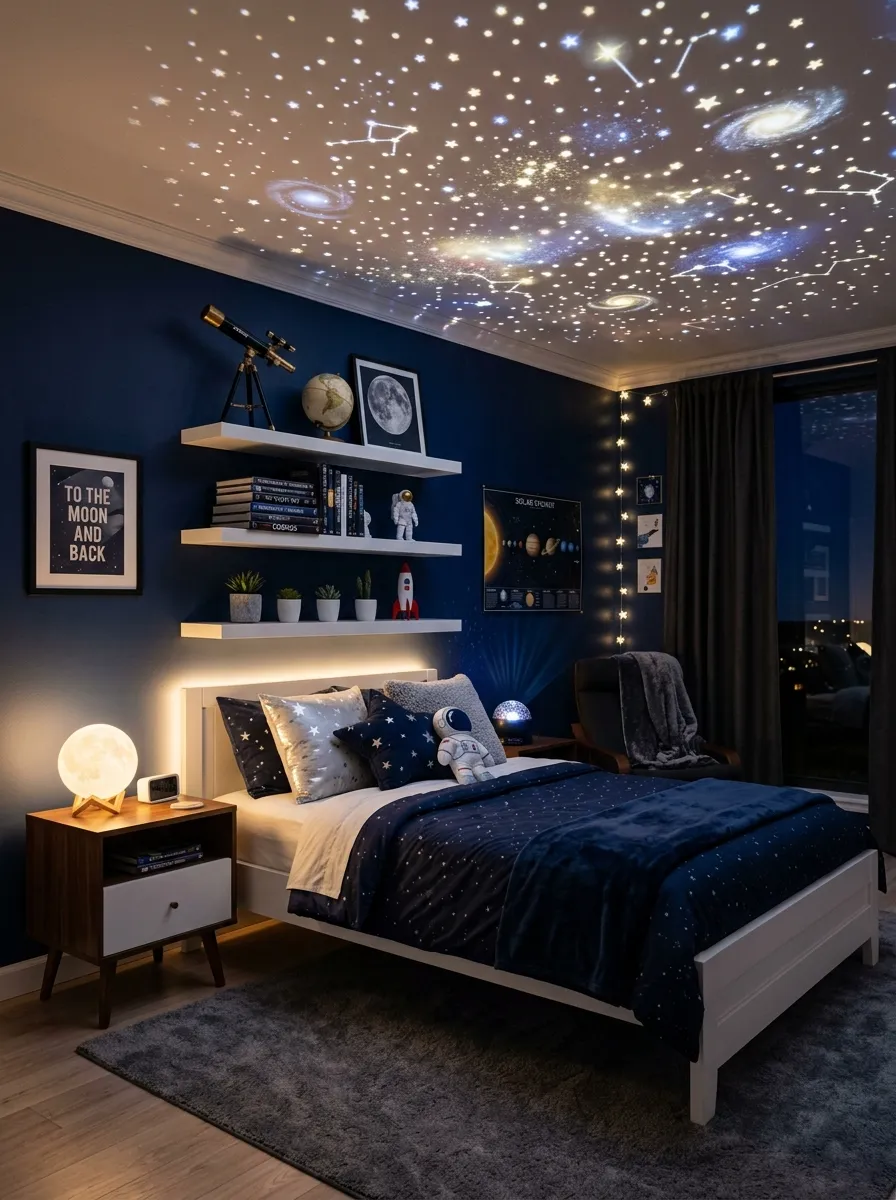 Stylish kids bedroom decor with a space theme, deep navy walls, star ceiling projector, and modern white shelving