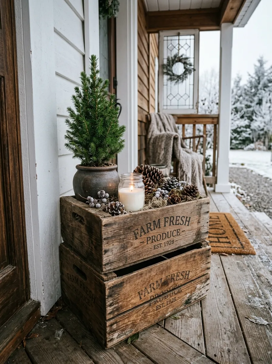 19 Winter Porch Decorating Ideas That Instantly Boost Cozy Curb Appeal All Season Long 10 Stacked weathered wooden crates with evergreens and candles as rustic winter front porch decor on a farmhouse porch