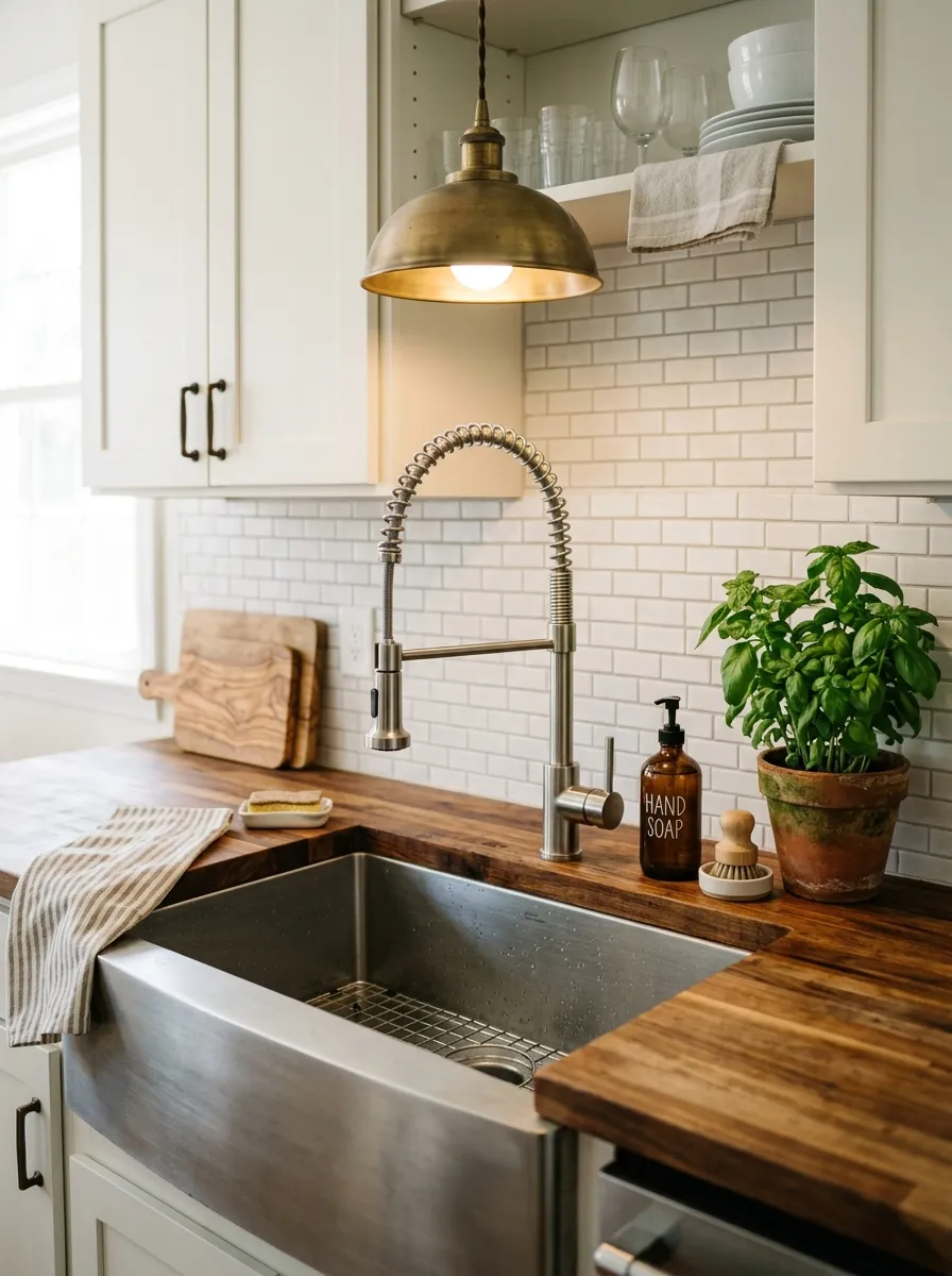 Brushed stainless farmhouse kitchen sink with butcher block countertops and tall spring faucet in a white kitchen
