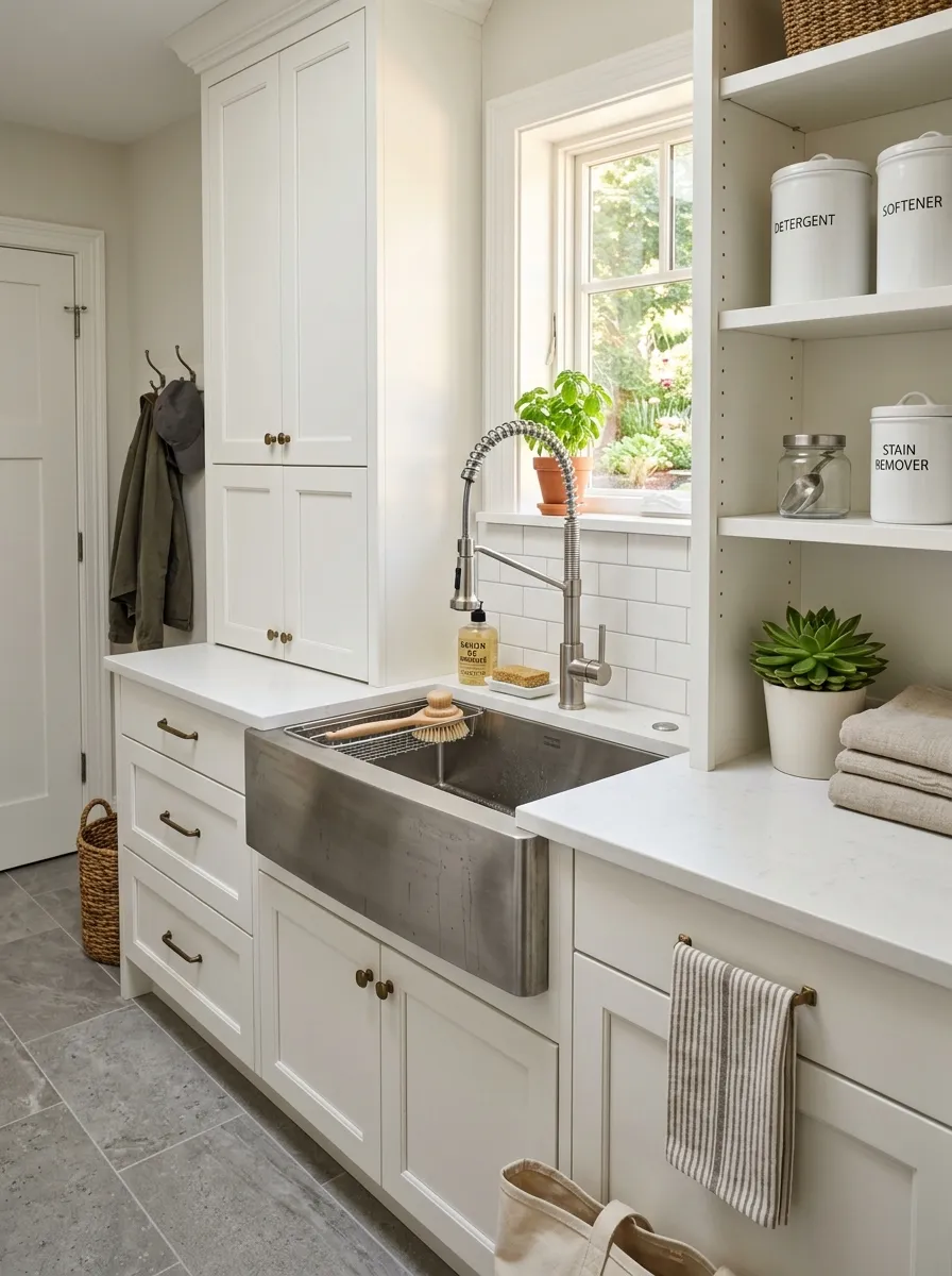 Deep stainless steel utility sink with gooseneck sprayer faucet integrated into white mudroom laundry room cabinetry with open shelves