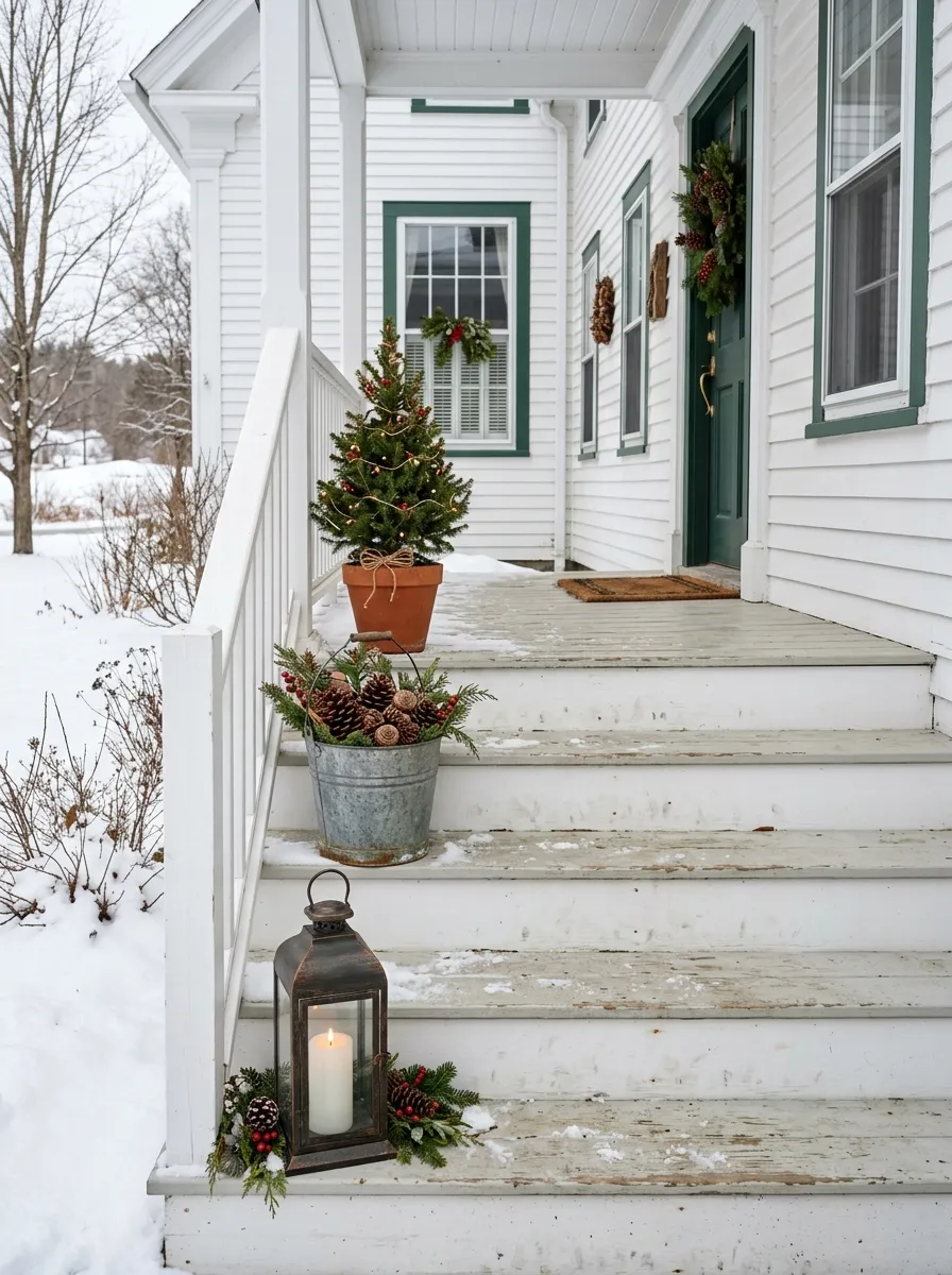 19 Winter Porch Decorating Ideas That Instantly Boost Cozy Curb Appeal All Season Long 16 Graduated stair step porch display with potted evergreens, pinecones, and lanterns as creative winter front porch decor