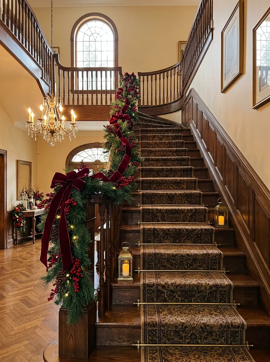 Dark oak staircase dressed with pine garland and burgundy ribbon for Ralph Lauren inspired Christmas decorating