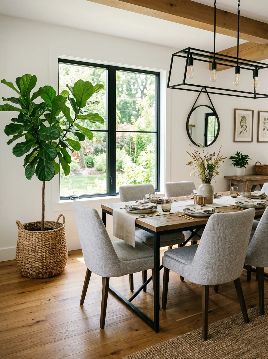Modern farmhouse dining room with fiddle leaf fig in woven basket beside reclaimed wood table and light gray upholstered chairs