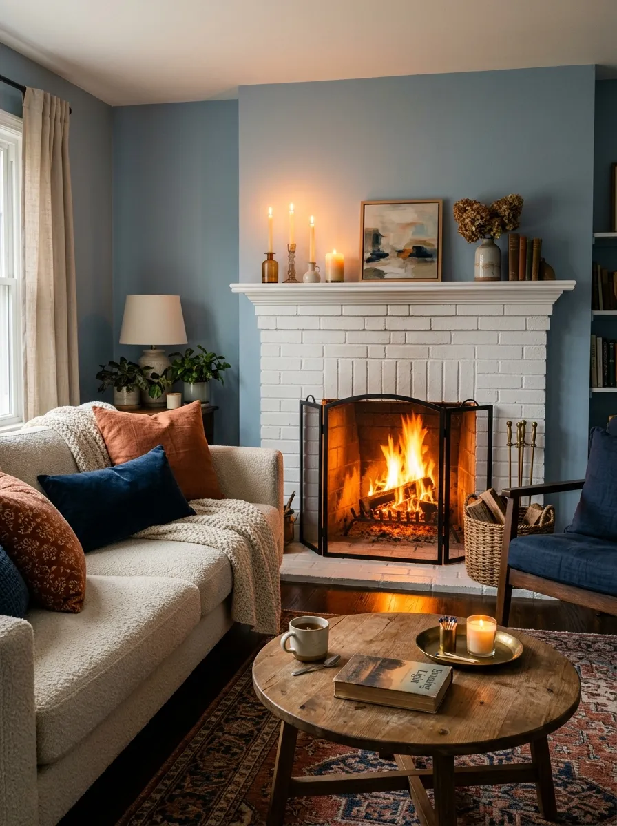 Steel blue living room walls with white brick fireplace, boucle sofa, and warm candlelight on the mantel