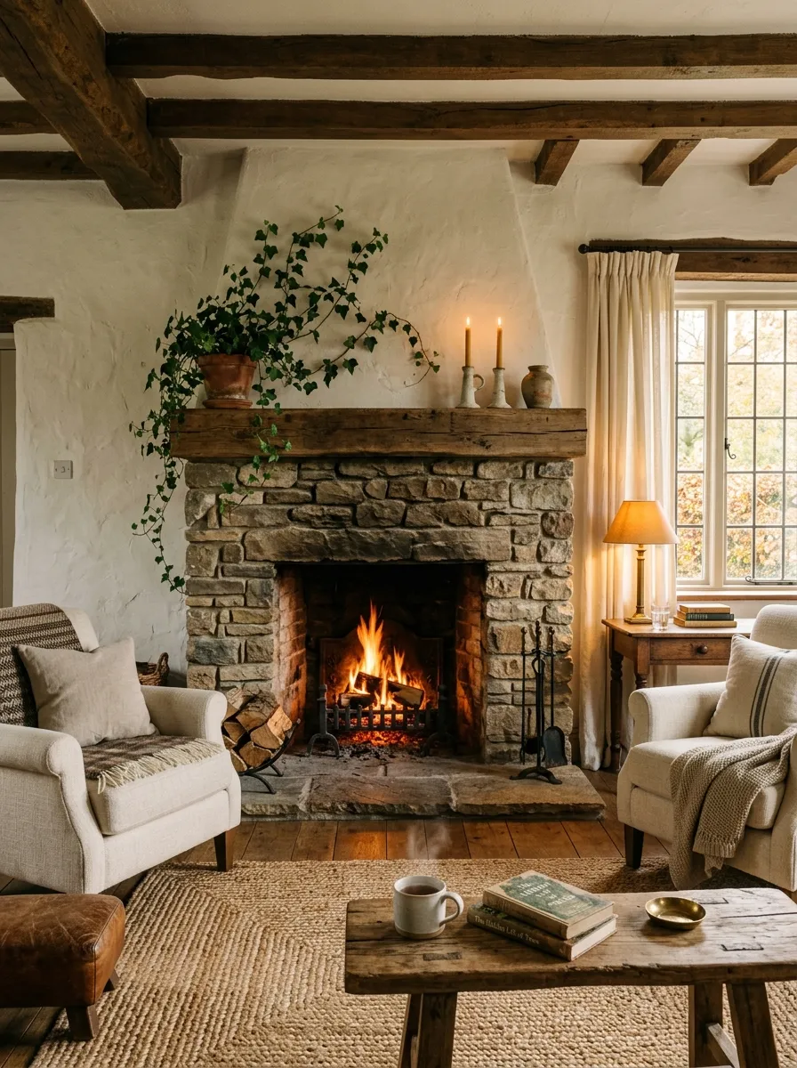 21 Earthy Cottage Decorating Ideas That Transform Your Home Into a Calm and Cozy Retreat 1 Stone fireplace surrounded by linen armchairs and natural textures in a cozy cottage interior