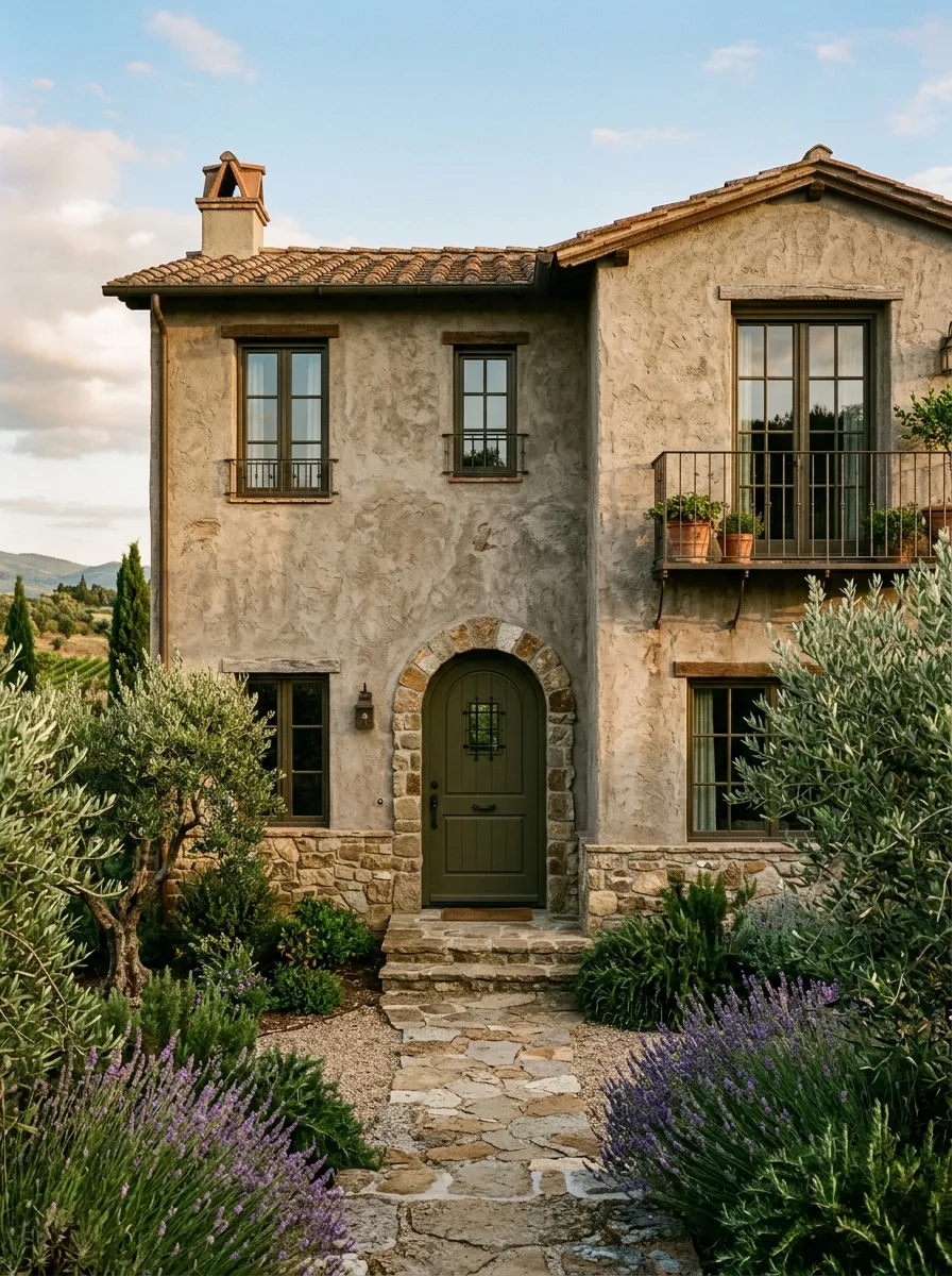 European stucco home in warm stone greige with olive green door and clay tile roof, a timeless choice in best exterior paint colors for 2026