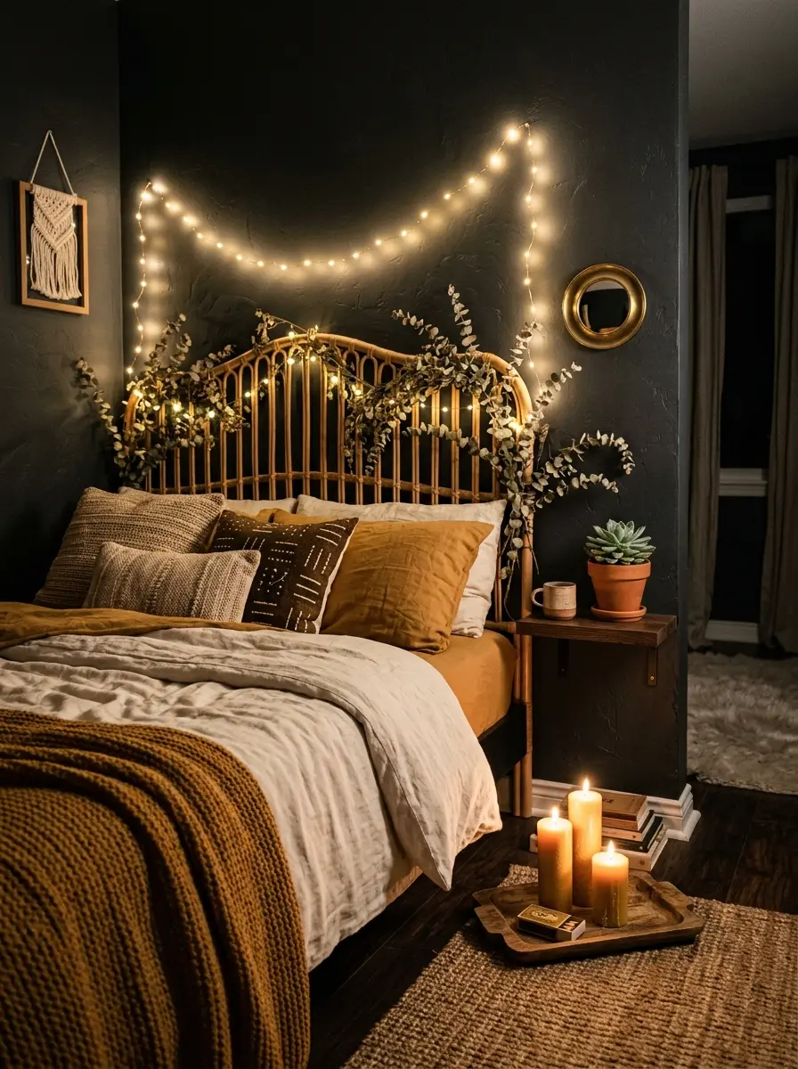 20 Dark Boho Bedroom Ideas That Embrace Moody Colors, Cozy Textures, and Relaxing Nighttime Style 6 A charcoal dark Boho bedroom with string lights draped above the bed and warm candles glowing on a wooden floor tray