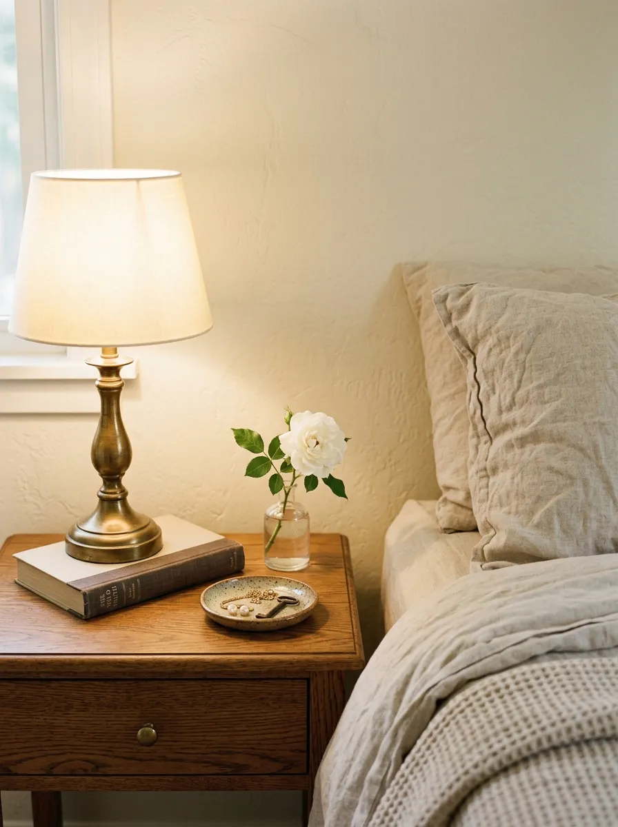 Wood nightstand with brass lamp, book, and bud vase in a Nancy Meyers home aesthetic bedroom