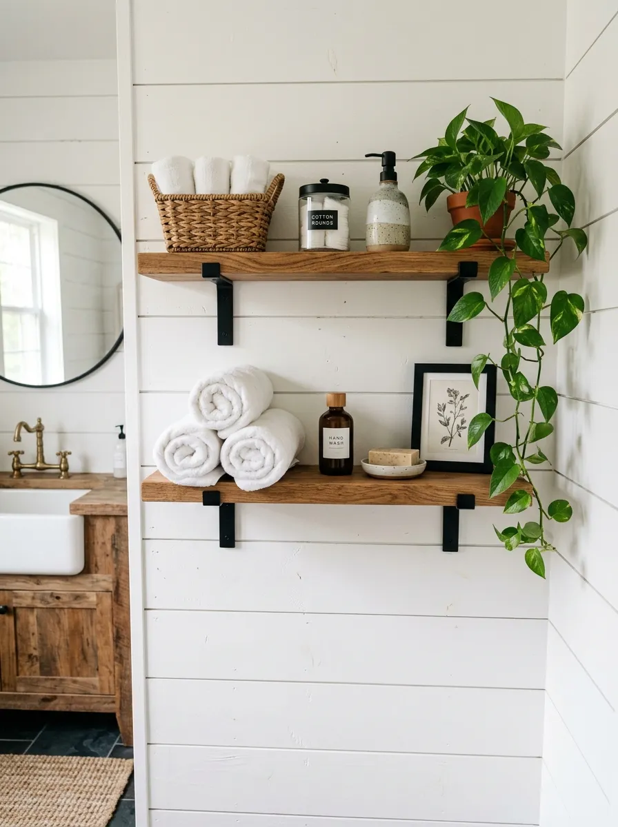 Floating walnut wood shelves with matte black brackets styled with towels, plants, and jars in a farmhouse bathroom
