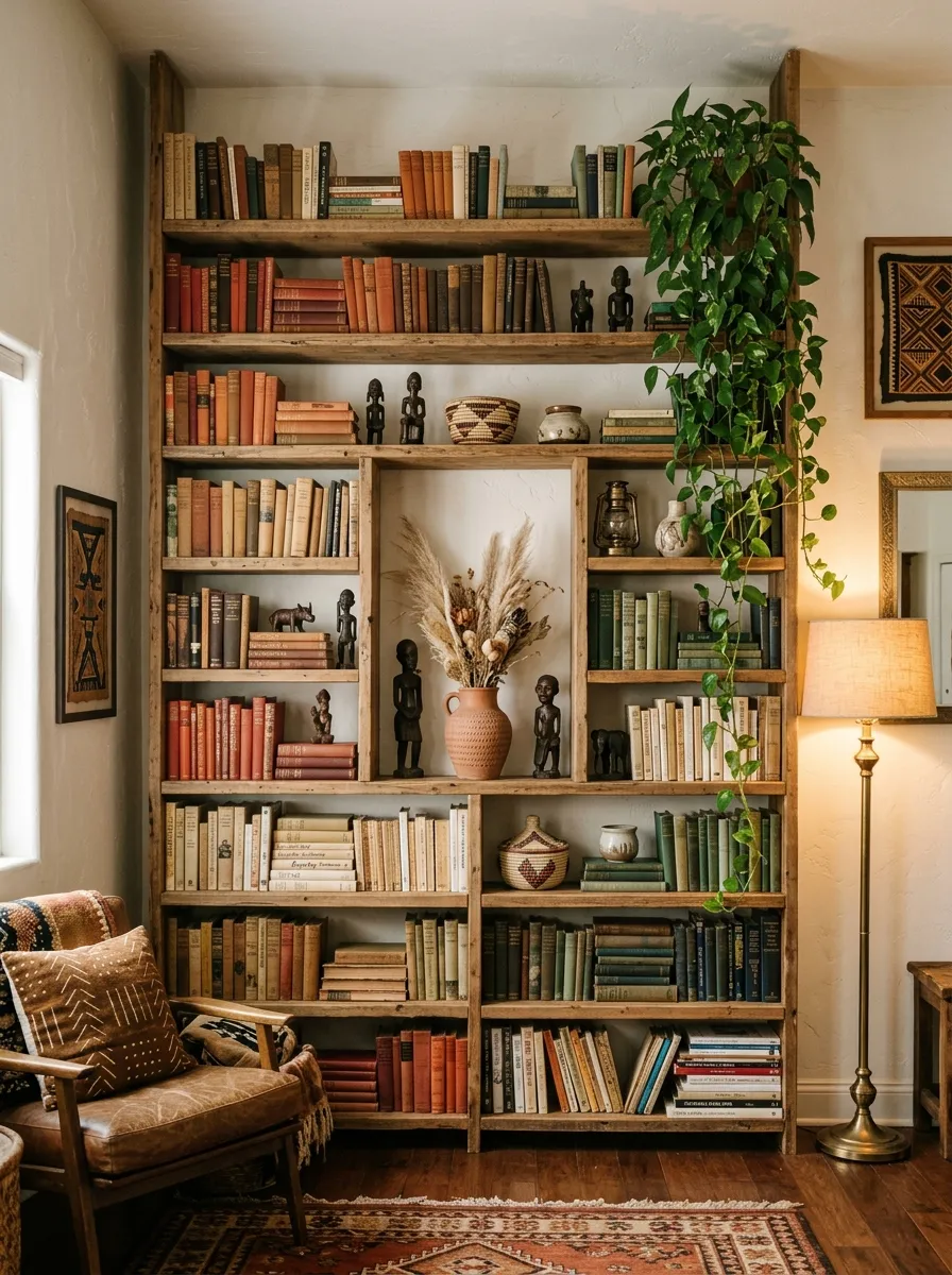 23 Afro Boho Living Room Ideas That Feel Warm, Authentic, Stylish, and Truly Lived In 20 Floor to ceiling bookshelf styled with books, carved figures, and trailing plant in an Afro bohemian living room