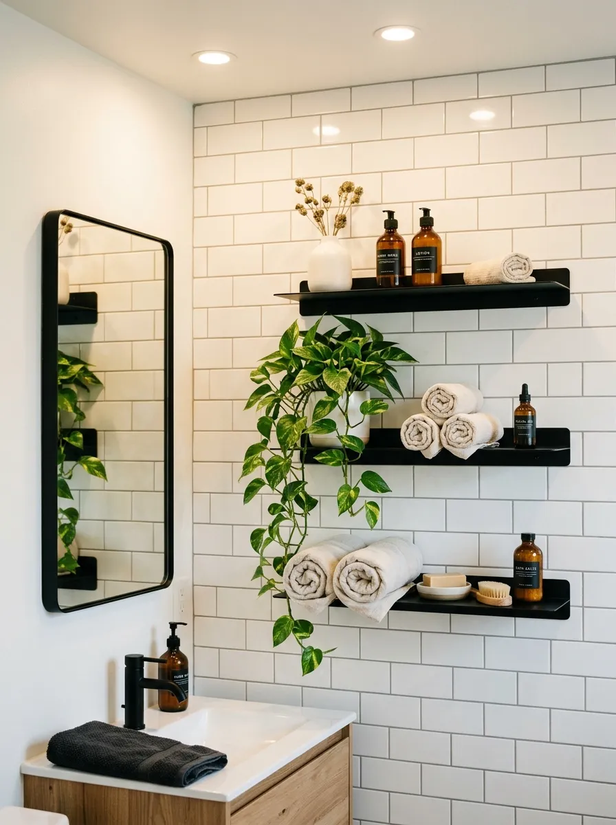 18 Black and White Bathroom Ideas That Photograph Beautifully and Look Just as Good in Real Life 14 Matte black floating shelves styled with plants, towels, and ceramics on white subway tile bathroom wall