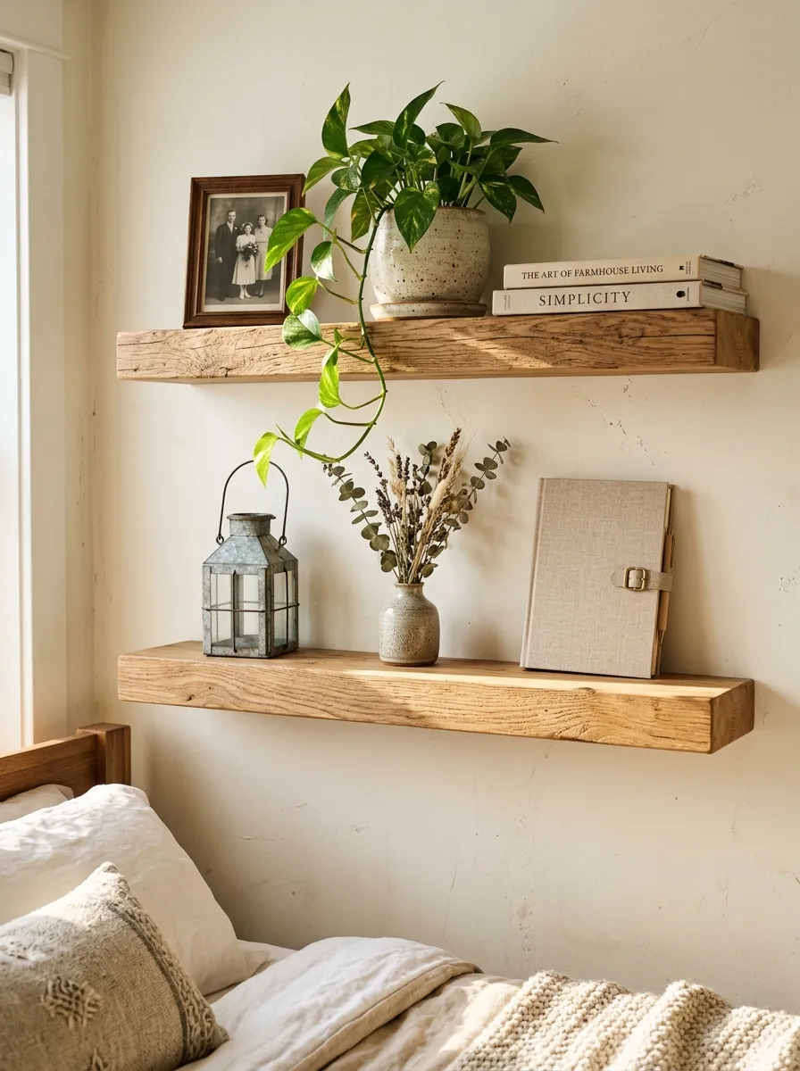 Two floating natural wood shelves on a white farmhouse bedroom wall styled with a plant, framed photo, lantern, and dried stems