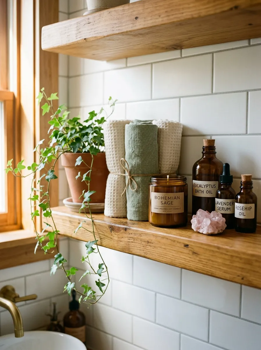 19 Boho Bathroom Ideas That Combine Soft Textures, Natural Details, and Soulful Eclectic Style 11 Open wooden bathroom shelf styled with amber glass bottles, trailing ivy, rolled linen towels, a soy candle, and a rose quartz crystal against white subway tile.