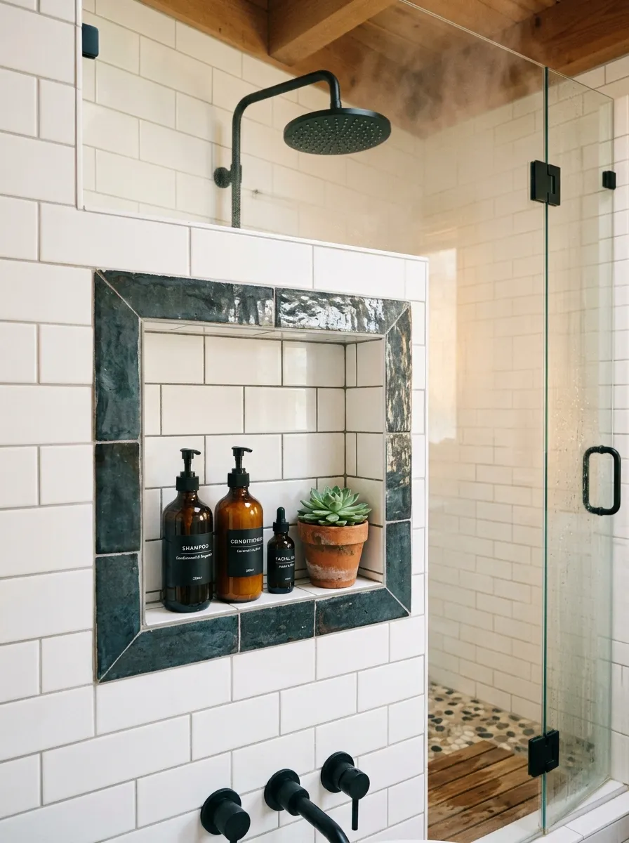 Recessed shower niche with zellige tile accent and matte black rainfall shower head in a modern farmhouse bathroom