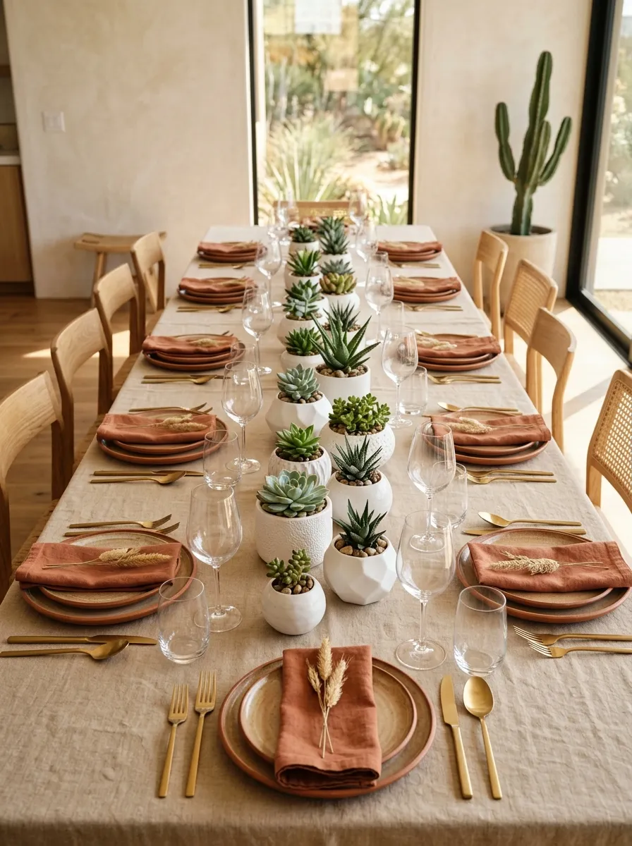 Row of white ceramic succulent pots arranged as a modern nature inspired table decor idea for clean tablescapes