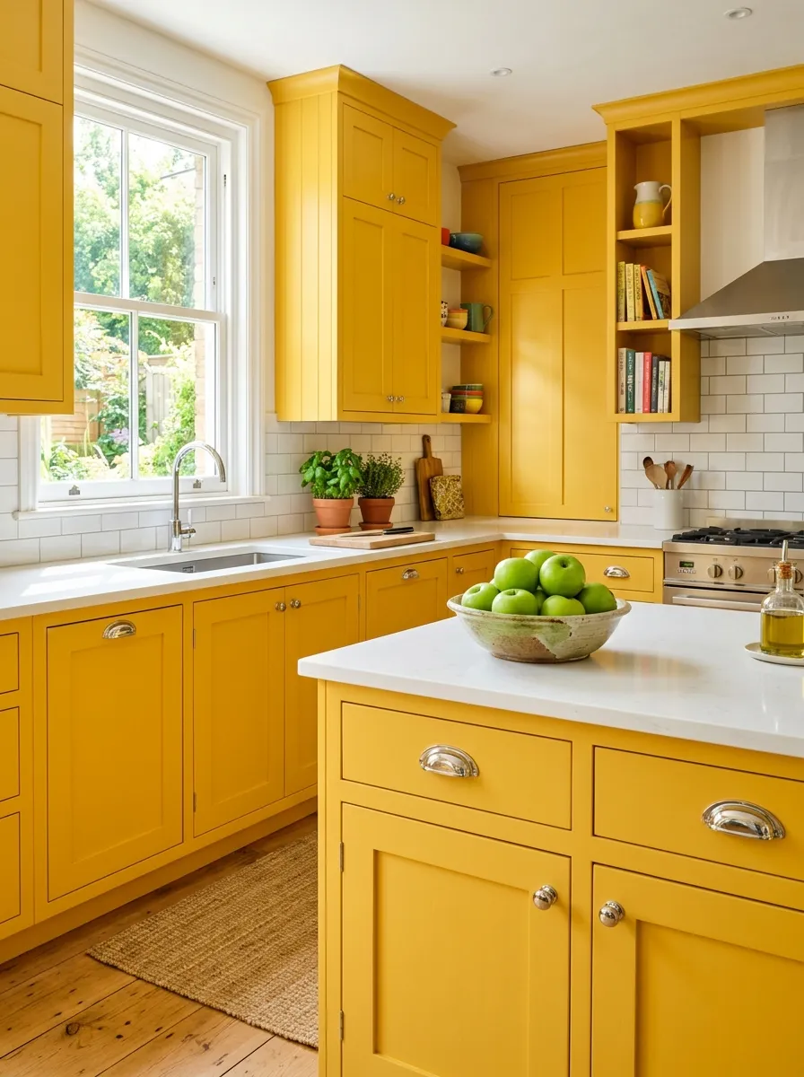 Full sunshine yellow shaker cabinets with white countertops, subway tile, and chrome hardware in a bright joyful kitchen