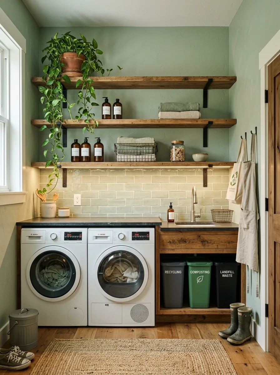 Sustainable mudroom laundry room with reclaimed wood shelving, recycled tile backsplash, energy efficient appliances, and recycling bins