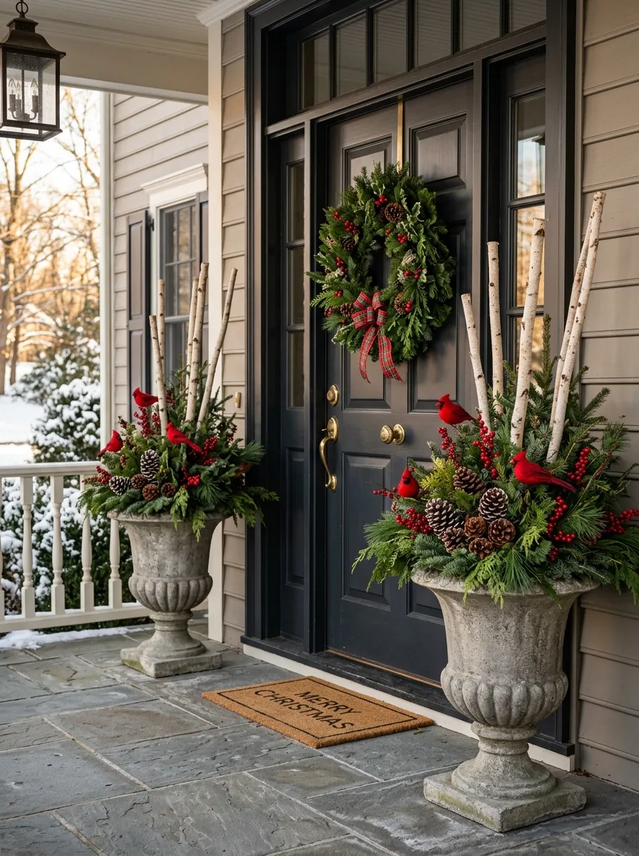 Matching stone urns with evergreen branches and red cardinal picks as symmetrical holiday front porch decor