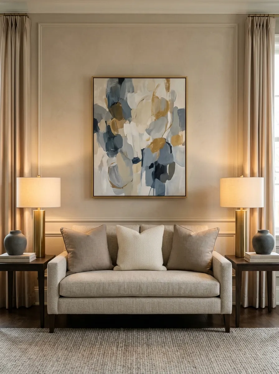 25 Luxury Living Room Ideas That Reveal the Design Details Most People Completely Overlook 17 Matching brass table lamps flanking a linen sofa in a perfectly balanced upscale living room decor setting
