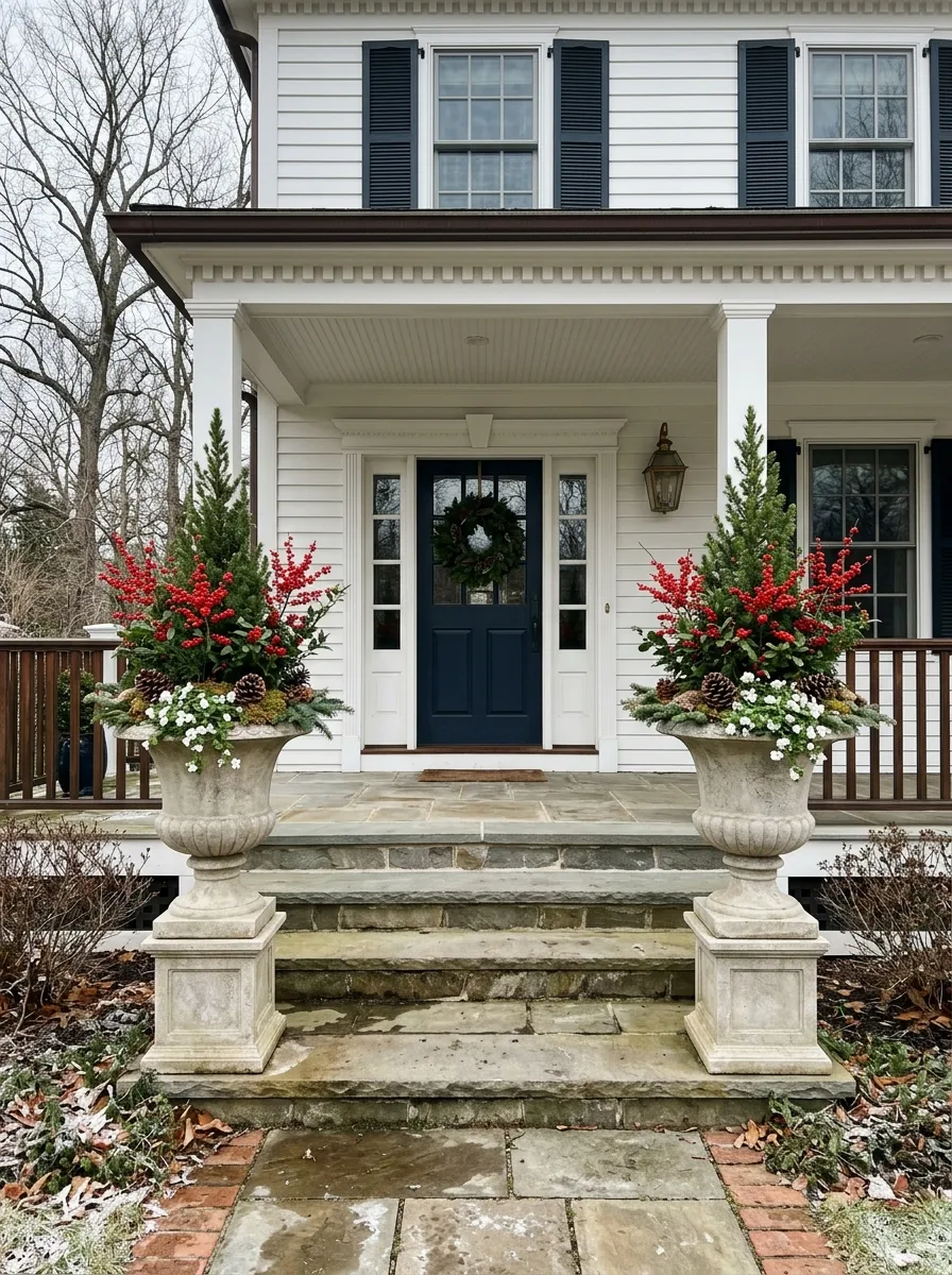 19 Winter Porch Decorating Ideas That Instantly Boost Cozy Curb Appeal All Season Long 12 Two matching stone urns planted with evergreen spikes and winterberry branches as classic winter front porch decor