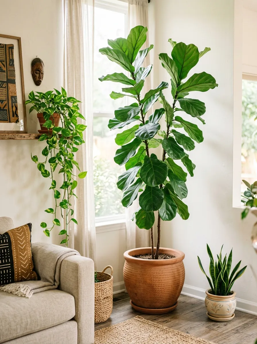 23 Afro Boho Living Room Ideas That Feel Warm, Authentic, Stylish, and Truly Lived In 11 Fiddle leaf fig in terracotta pot and trailing golden pothos in a bright Afro Boho Living Room corner
