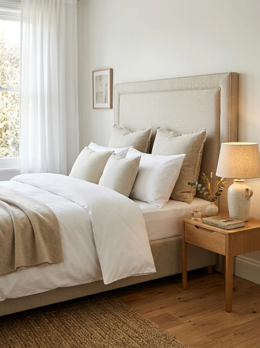 Tall oatmeal linen upholstered headboard with white bedding in a cozy elegant bedroom design