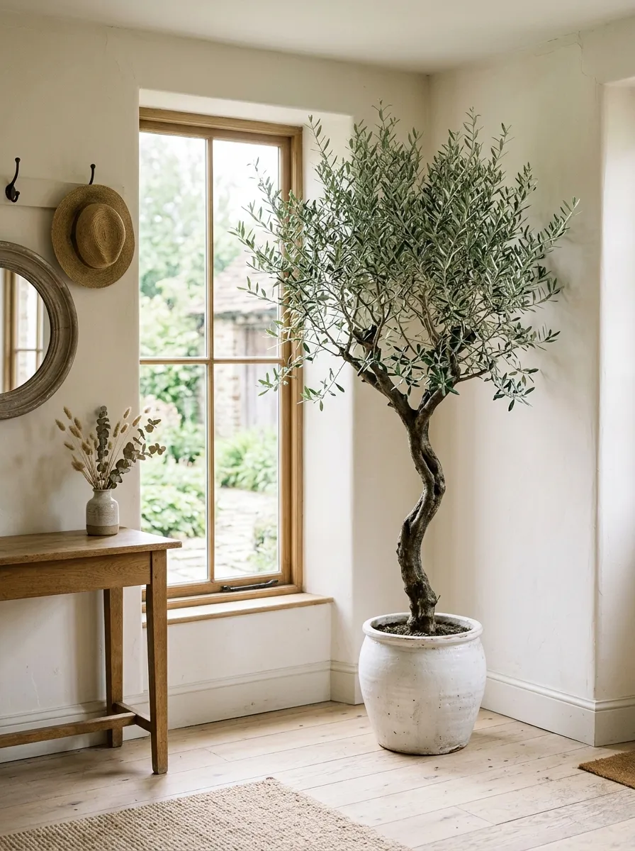 Tall potted olive tree in white ceramic pot in farmhouse entryway corner with natural light and white painted walls for entryway decor