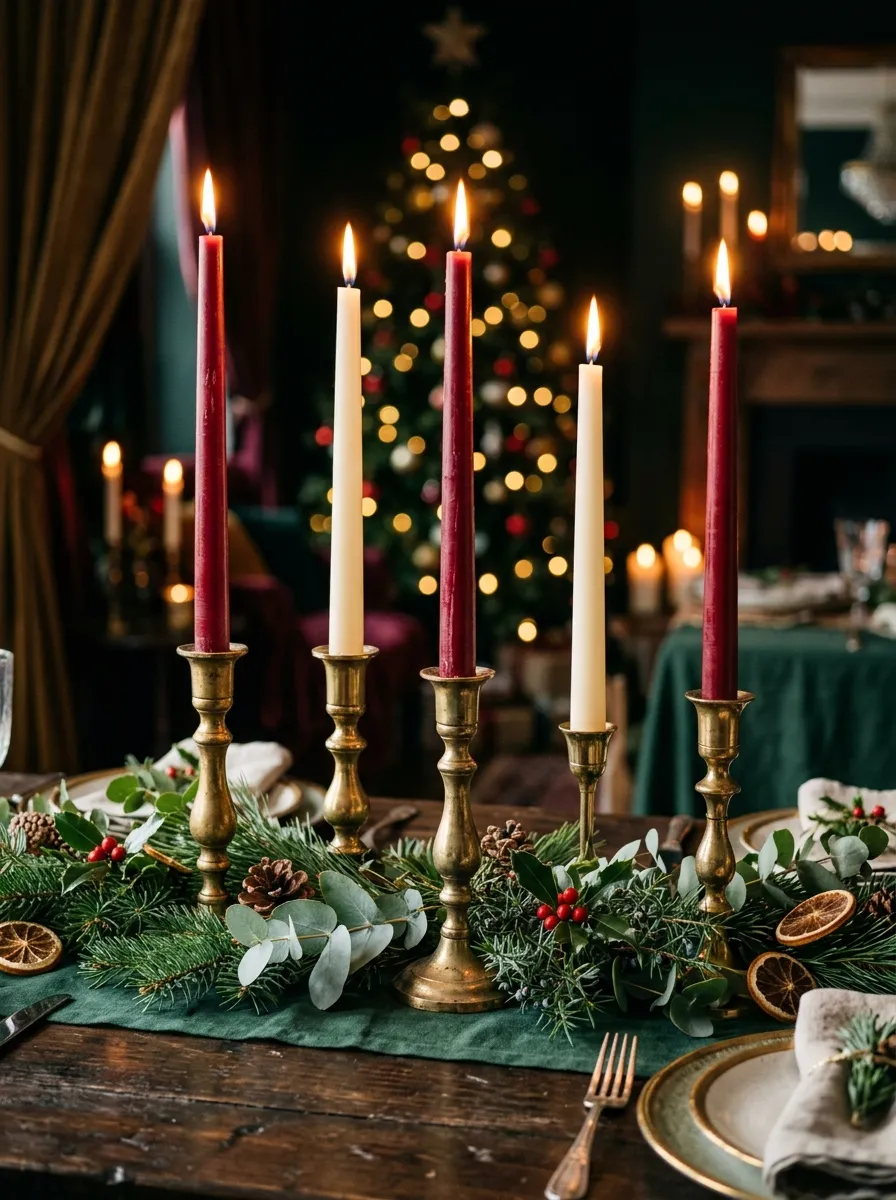 Tall red and ivory taper candles in gold holders surrounded by pine greenery as elegant holiday table centerpieces