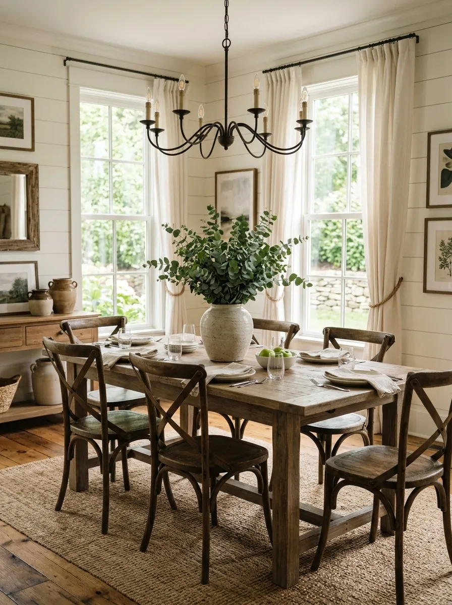 Modern farmhouse dining room with tall windows, white linen curtains, washed oak table, cross back chairs, and wrought iron chandelier