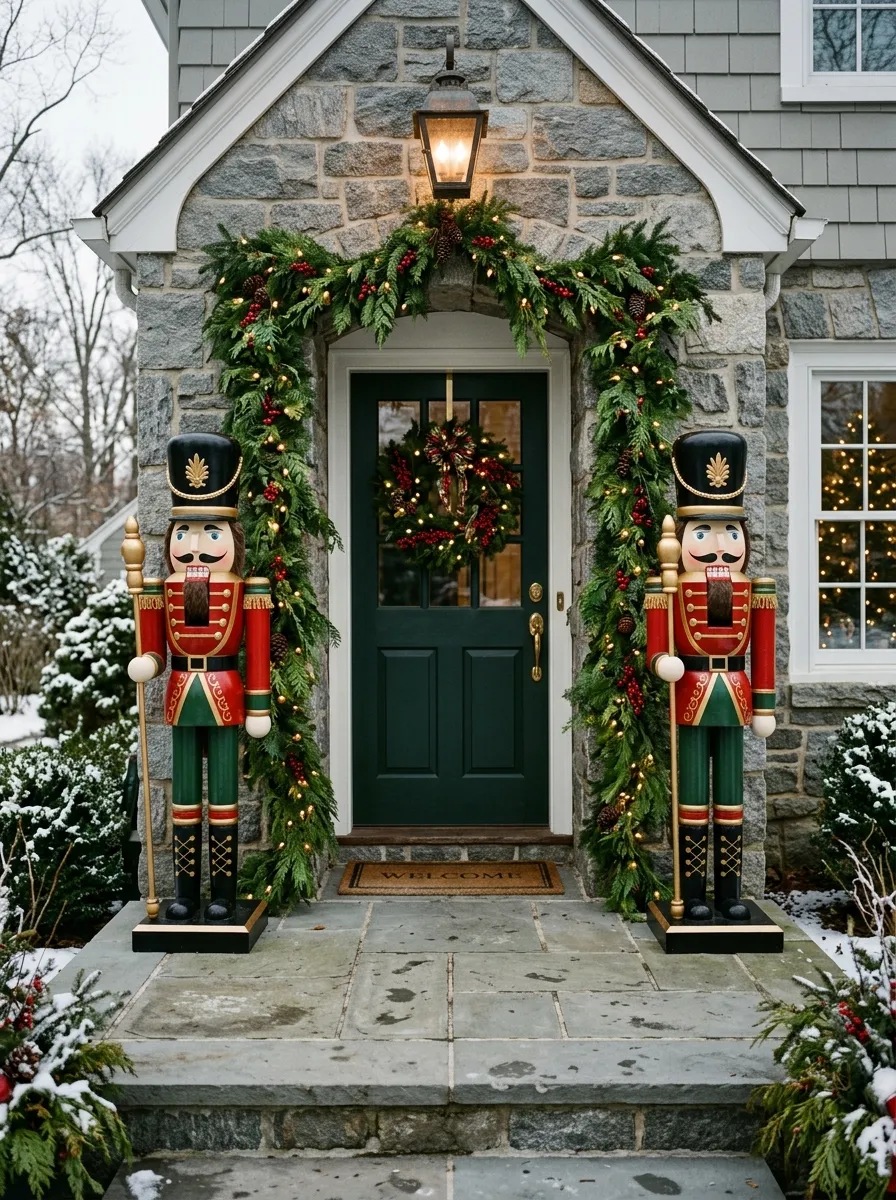 Two large wooden nutcracker figures in red and gold flanking a front door as bold holiday front porch decor