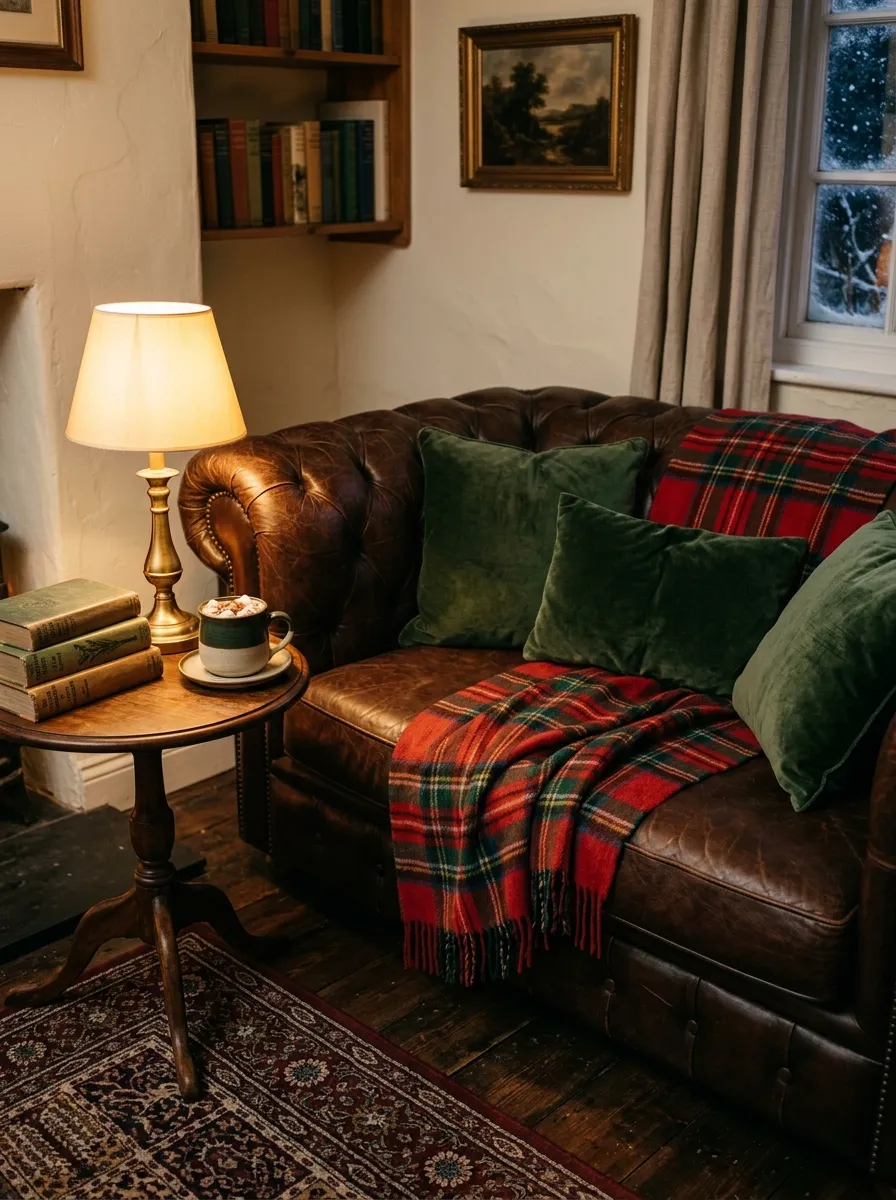 Leather sofa layered with red tartan throws and green velvet pillows for timeless Christmas home styling in a cozy living room