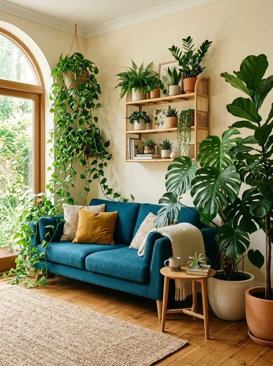 Deep teal blue sofa surrounded by monstera, fiddle leaf, and trailing pothos in a lush indoor plant living room