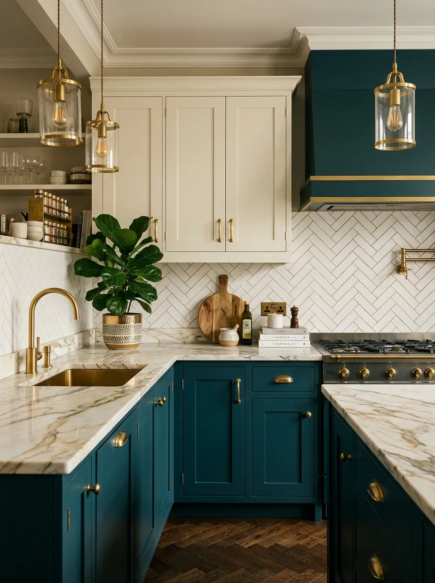 Teal Kitchen Cabinets with Gold Hardware